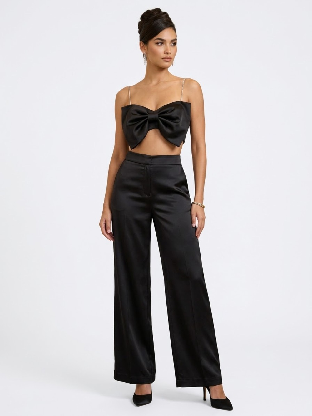 Rachel Zoe Sexy Satin Bow
Bandeau Crop rhinestone straps Wide Leg Pant SET Sz 10